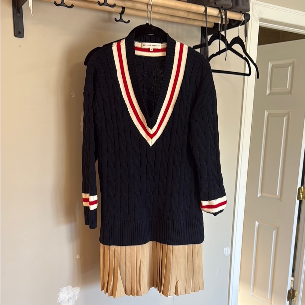 Navy V-Neck Sweater with Pleated Skirt